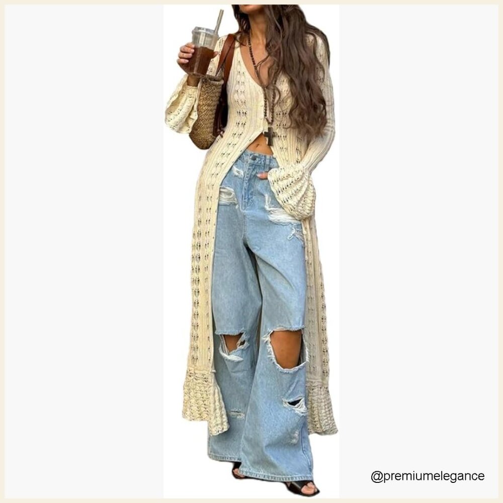 Crochet Knit Maxi Dress Long Sleeve Button Down Hollow Out Cover Up